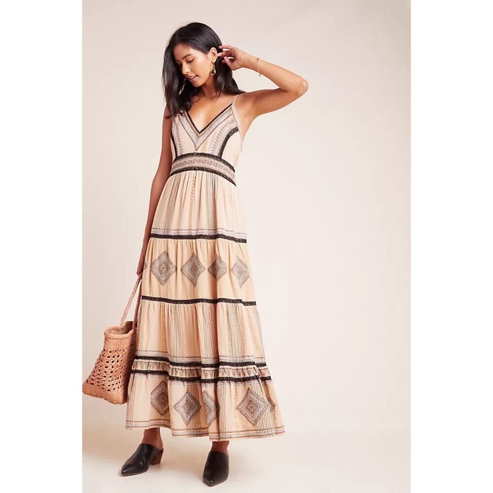 Anthropologie (6) Robin Embroidered Maxi Dress Bohemian Halter Tiered Boho Dress